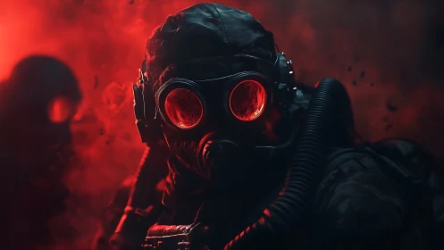 Tactical operator in gas mask with red backlit respirator optics