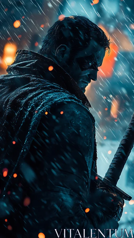 Armored vigilante in rain-soaked alley renders cinematic tension