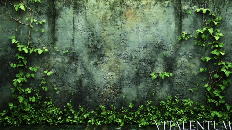 Weathered concrete wall surface partially covered by green ivy