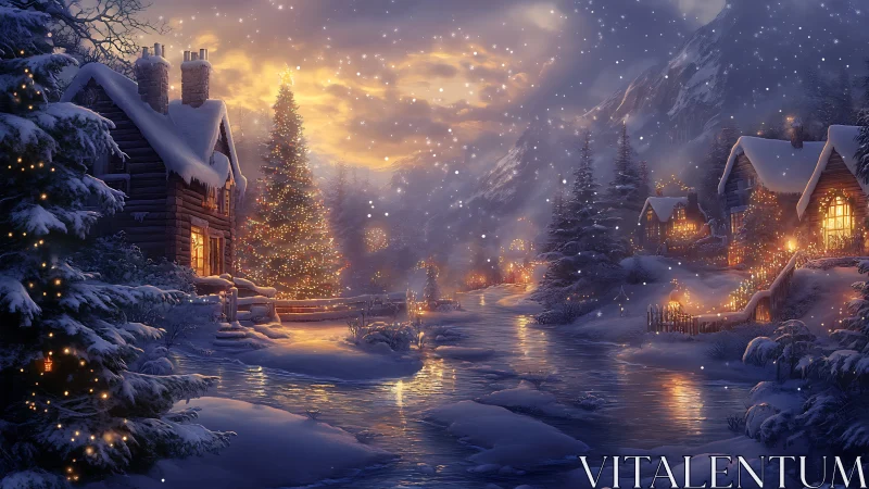 Luminous alpine cabins beside reflective winter river at dusk.