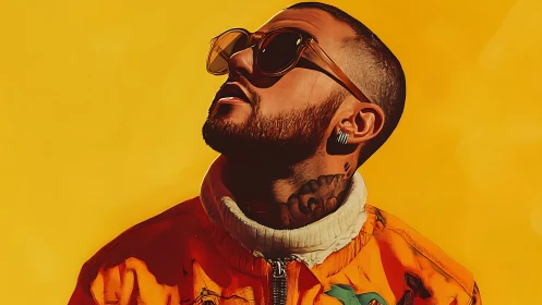 Stylized portrait of a tattooed man in orange jacket against yellow