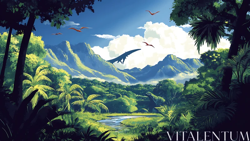 Sunlit dinosaur valley unfolds beneath soaring pterosaurs
