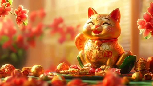 Luminous golden Maneki-neko amid ornate festive confections.