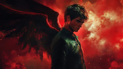 Fallen winged rebel smolders in a storm of crimson fire.