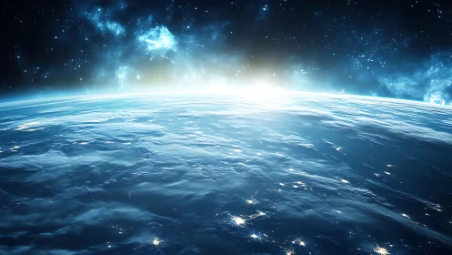 Radiant Earth horizon under luminous cosmic sunrise.