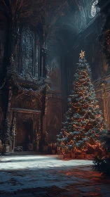 Grand hall interior with illuminated Christmas tree.