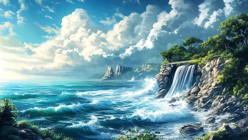 Coastal waterfall meets turquoise sea under towering clouds.
