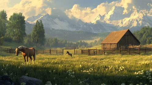 Morning light gently warms a peaceful mountain horse pasture