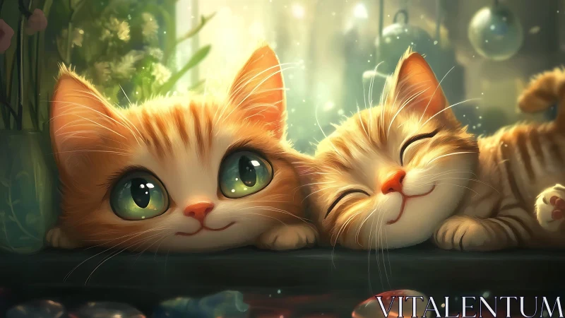 Anthropomorphic felines in natural setting with illuminated vegetation.