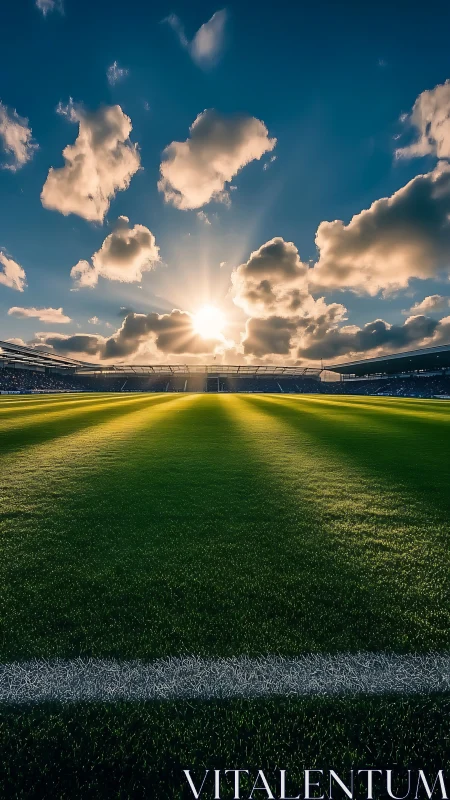 Sunlit football stadium field glows under dramatic clouds.