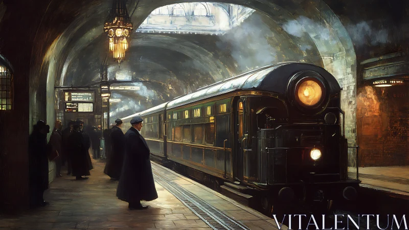 Vintage subway platform with luminous steam locomotive arrival.