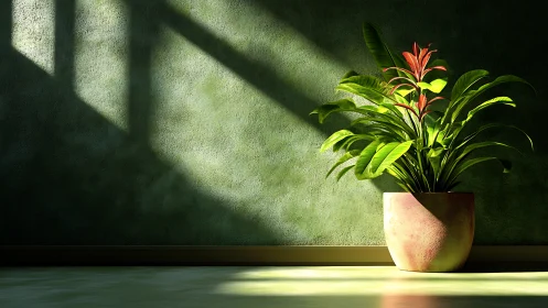 Sunlit houseplant rests calmly against a textured green wall