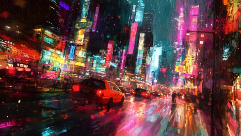 Rainy neon city street with taxis and glowing billboards.