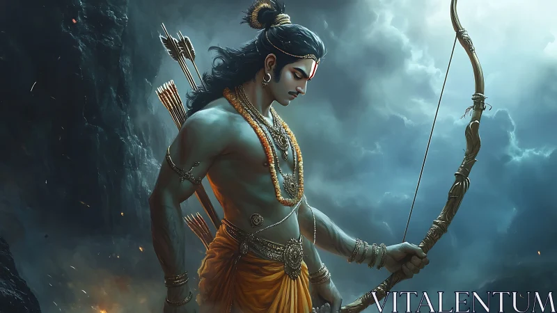 Divine archer warrior in stormlit mythic battlefield profile.