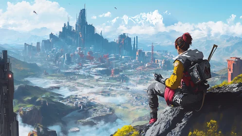 Lone scout savors a misty futurist city beneath snow peaks