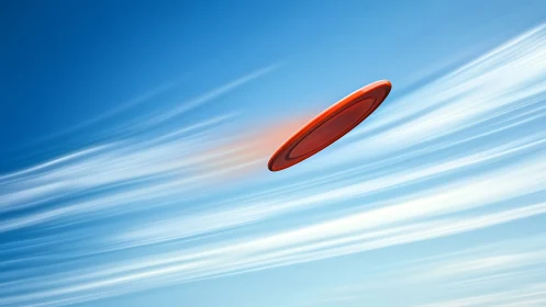 Dynamic motion study of red flying disc against streaked sky.