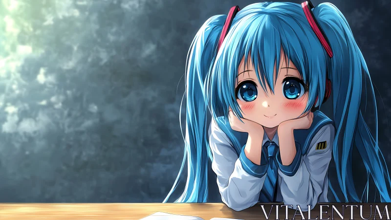 Blue twin-tailed anime schoolgirl in reflective desk portrait.