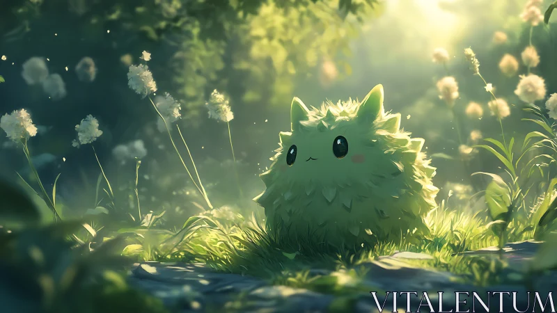 Leafy forest creature under soft glowing sunlight.