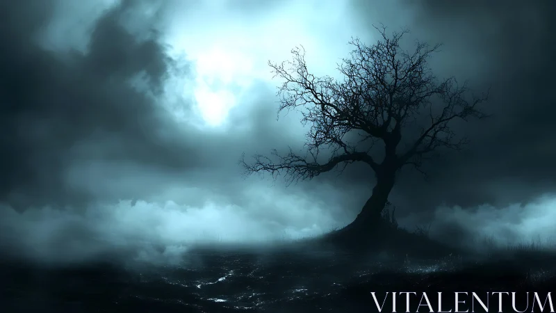 Lone twisted tree rises over misty moonlit hillside.