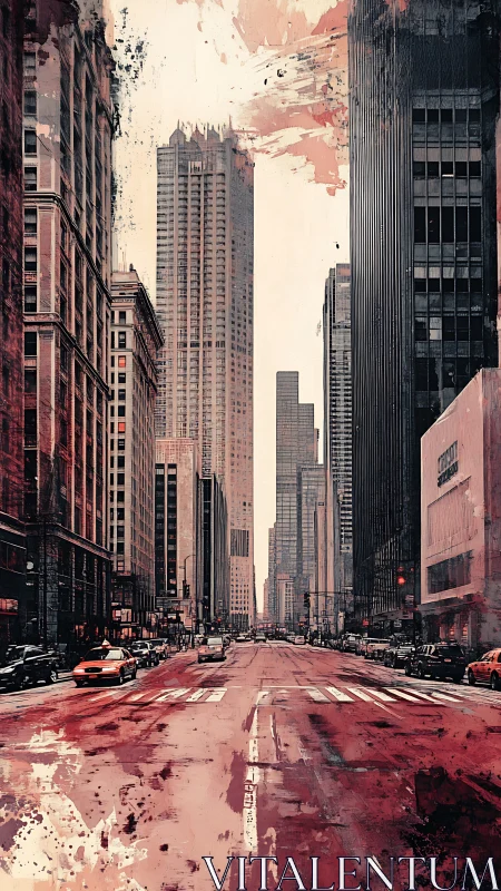 Urban canyon street with towering city skyscrapers at dusk.