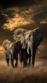 Gentle elephants walking home under a glowing savanna sky.