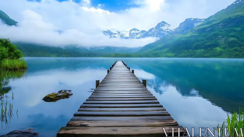 Mountain lake pier fades into misty, mirror-still horizon.