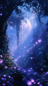 Luminous purple butterflies drift through a misty forest path.