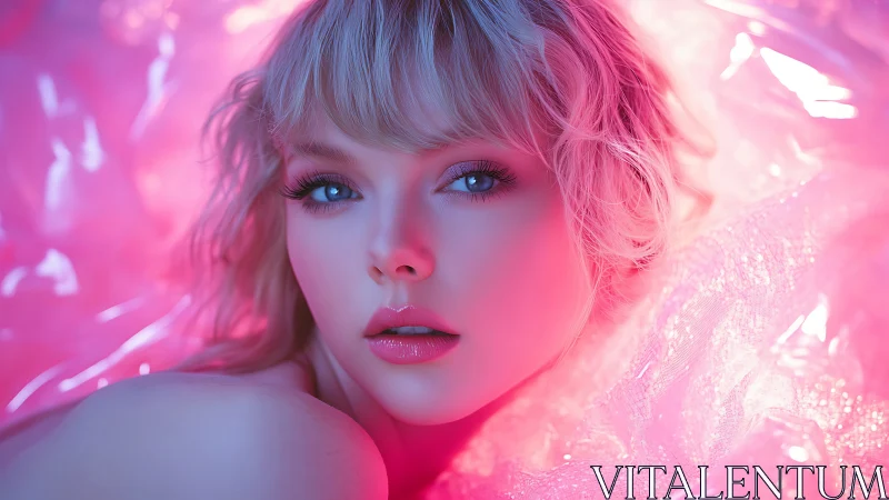 Neon-lit portrait captures ethereal beauty in soft pink glow.