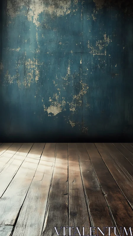 Weathered blue wall with rustic wooden floor studio backdrop.