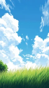 Bright summer sky over sunlit grass and drifting clouds.