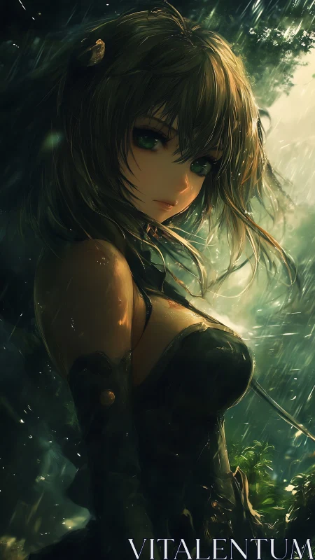 Forest warrior girl stands in luminous summer rainstorm.