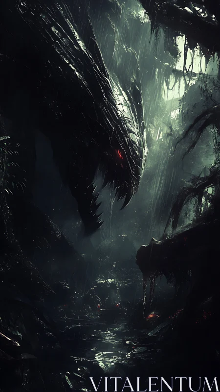 Predatory shadow dragon looming in rain-soaked ravine.