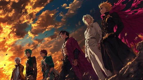 Anime heroes stand united at sunset on rocky ridge.