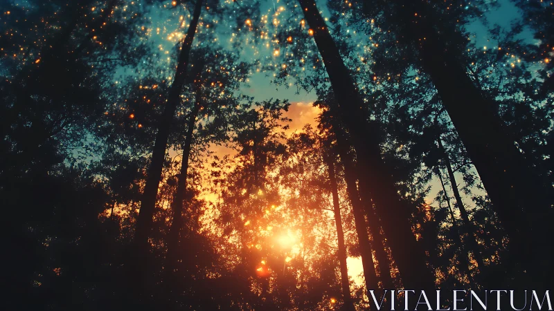 Forest clearing reveals sunset through layered canopy structure.