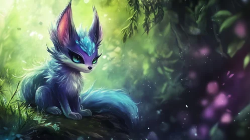 Bioluminescent fox-like creature sits in diffuse forest light