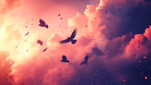 Skybound silhouettes ride a storm of rose and violet light