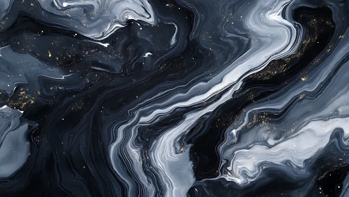 Monochrome fluid marble pattern with metallic gold flecks detail