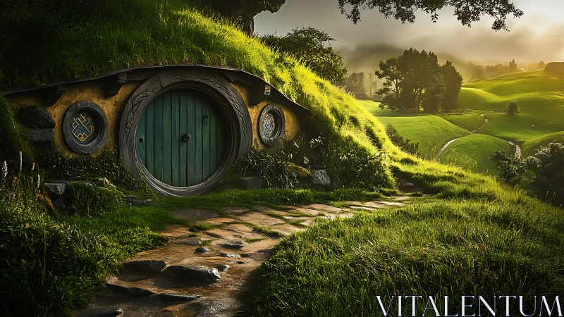 Earth-sheltered round-door dwelling in grassy hillside landscape.