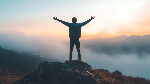 Triumphant figure on mountain peak at sunrise, inspirational style.