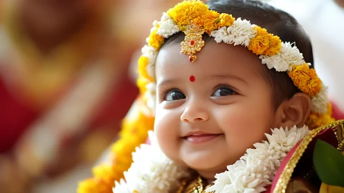 Child Wearing Floral Headdress and Traditional Garland Decoration