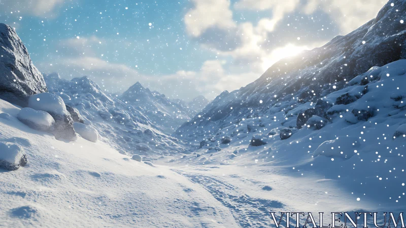 Snowy mountain valley under bright winter sunlight.