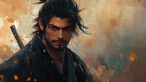 Stoic samurai portrait rendered in dynamic digital brushwork
