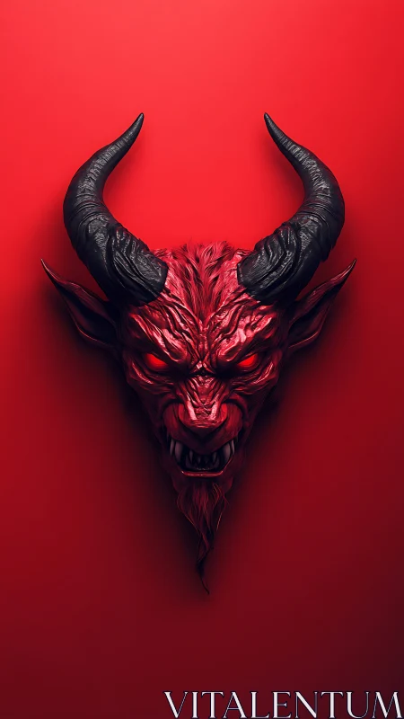 Horned demonic mask sculpture on monochrome red wall.