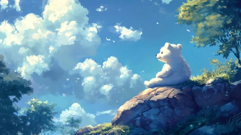 Sunny hillside daydream with a cloud-gazing white bear.