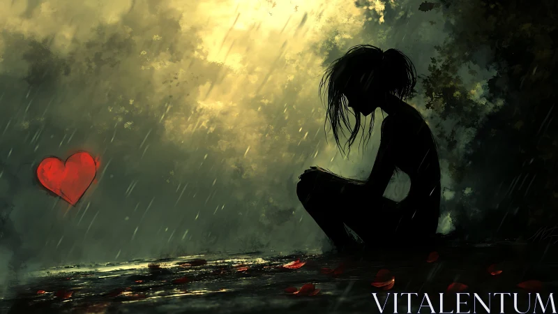 Backlit silhouette in rain contrasts with isolated glowing red heart