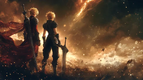Dual warriors in ember-rich post-battle landscape, backlit by plasma arc