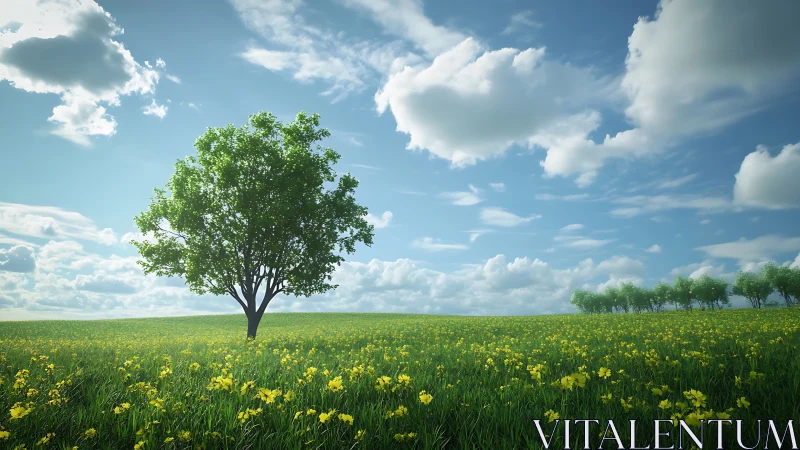 Solitary green tree in sunlit spring meadow under cumulus sky