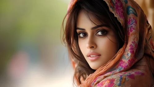 Portrait of a woman in floral scarf with soft, natural lighting.