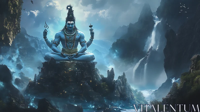 Mythic blue deity seated over misty waterfalls at dusk.