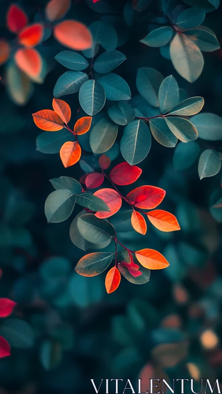 Radiant autumn leaves glow gently against deep teal foliage